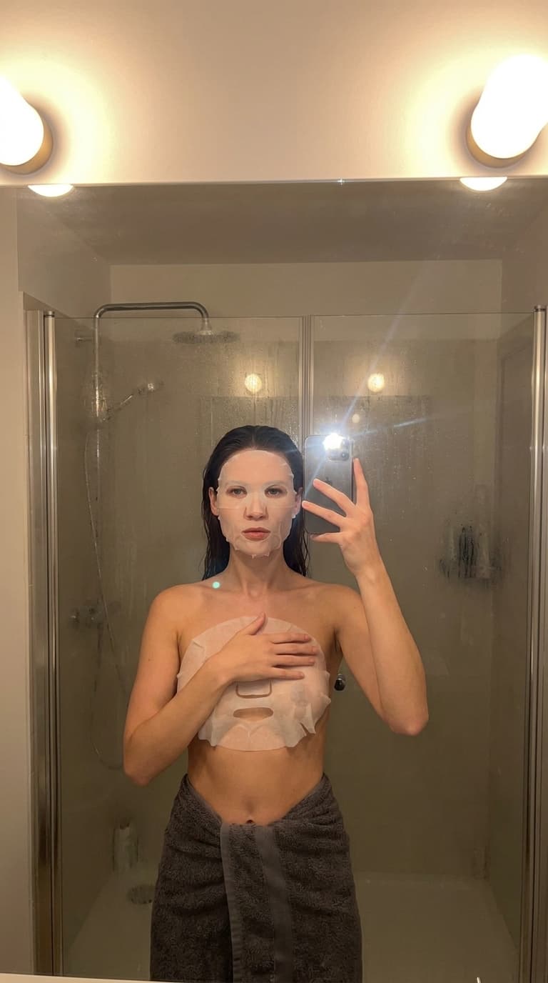 A medium shot captures the person in the uploaded reference image (DO NOT TOUCH FACE) taking a selfie in a steamy bathroom mirror. The person's torso is visible from the chest down, with a white sheet mask covering their chest and a dark grey towel wrapped around their waist. Their left arm is extended, holding a smartphone that is capturing the reflection. The right hand is placed on top of the sheet mask. The background shows a shower stall with a glass door covered in condensation, and two wall-mounted light fixtures above. The lighting is soft and warm, emanating from the phone's flash and the bathroom lights, creating a slight lens flare. The camera is positioned at eye level, with a slightly 24-28mm equivalent lens perspective. The overall tone is intimate and casual.
