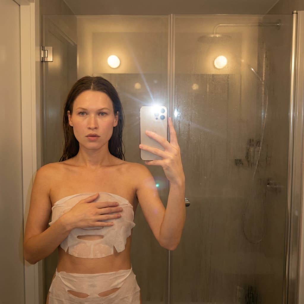A medium shot captures the person in the uploaded reference image (DO NOT TOUCH FACE) taking a selfie in a steamy bathroom mirror. The person's torso is visible from the chest down, with a white sheet mask covering their chest and a a white sheet mask wrapped around their waist. Their left arm is extended, holding a smartphone that is capturing the reflection. The right hand is placed on top of the sheet mask. The background shows a shower stall with a glass door covered in condensation, and two wall-mounted light fixtures above. The lighting is soft and warm, emanating from the phone's flash and the bathroom lights, creating a slight lens flare. The camera is positioned at eye level, with a slightly 24-28mm equivalent lens perspective. The overall tone is intimate and casual.
