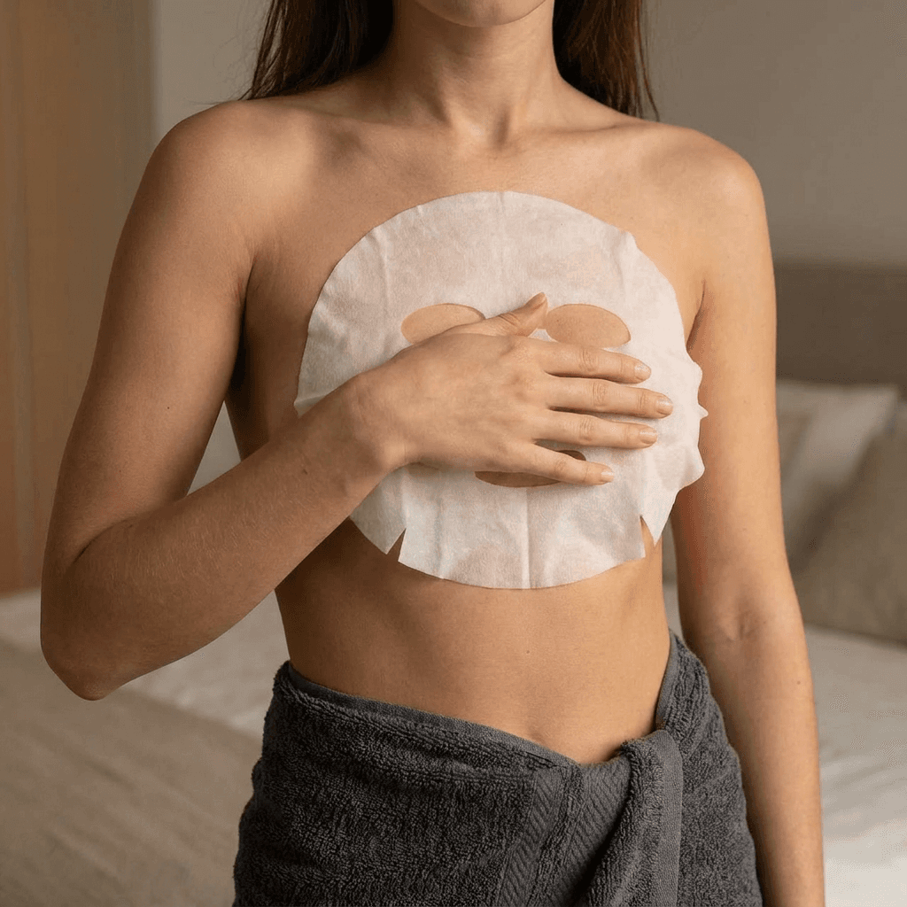 A medium shot captures the person in the uploaded reference image (DO NOT TOUCH FACE). The person's torso is visible from the chest down, with a white sheet mask covering their chest and a dark grey towel wrapped around their waist. The right hand is placed on top of the sheet mask. The lighting is soft and warm. The camera is positioned at eye level, with a slightly 24-28mm equivalent lens perspective. The overall tone is intimate and casual.
