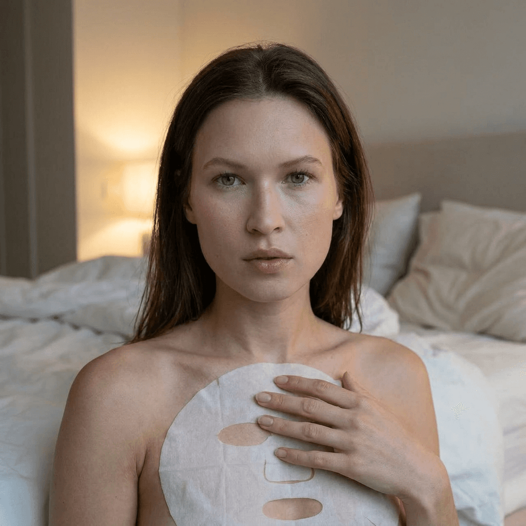 A medium shot captures the person in the uploaded reference image (DO NOT TOUCH FACE). no robe. The person's torso is visible from the chest down, with a white sheet mask covering their chest. The right hand is placed on top of the sheet mask. The lighting is soft and warm. The camera is positioned at eye level, with a slightly 24-28mm equivalent lens perspective. The overall tone is intimate and casual.