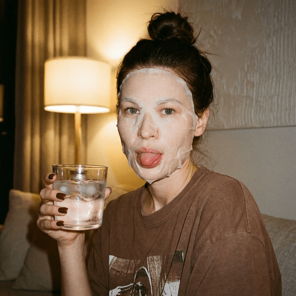 create a portrait without changing facial features. the woman in the uploaded reference image (DO NOT TOUCH FACE) wearing a fabric skincare face mask. She is playfully sticking out her tongue. In one hand, she holds a transparent glass with ice cubes. Her hair is in a messy bun. Square-shaped dark brown nails. She is wearing a loose brown t-shirt with a print. Warm home lighting, background with a wall and a modern lamp. Atmosphere of a relaxed chill evening and self-care. High resolution, film grain, high quality.