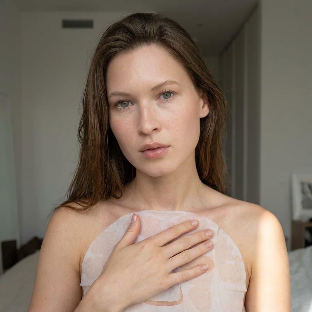 A medium shot captures the person in the uploaded reference image (DO NOT TOUCH FACE). no robe. The person's torso is visible from the chest down, with a white invisible mask covering their chest. The right hand is placed on top of the sheet mask. The lighting is soft and warm. The camera is positioned at eye level, with a slightly 24-28mm equivalent lens perspective. The overall tone is intimate and casual.