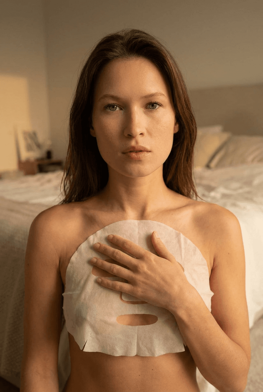 A medium shot captures the person in the uploaded reference image (DO NOT TOUCH FACE). no robe. The person's torso is visible from the chest down, with a white sheet mask covering their chest. The right hand is placed on top of the sheet mask The lighting is soft and warm. The camera is positioned at eye level, with a slightly 24-28mm equivalent lens perspective. The overall tone is intimate and casual.