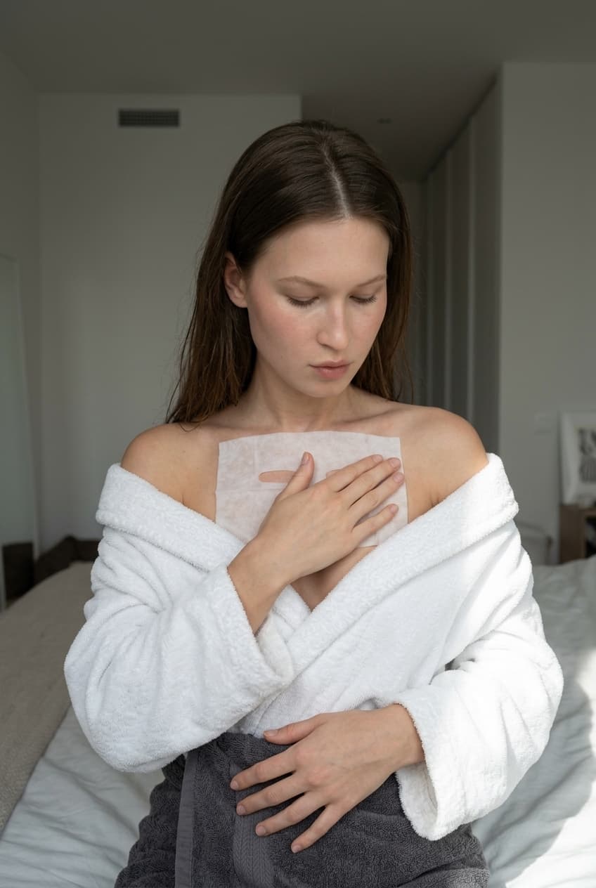 A medium shot captures the person in the uploaded reference image (DO NOT TOUCH FACE). The person's torso is visible from the chest down, with a white sheet mask covering their chest and a dark grey towel wrapped around their waist. The right hand is placed on top of the sheet mask. The lighting is soft and warm, The camera is positioned at eye level, with a slightly 24-28mm equivalent lens perspective. The overall tone is intimate and casual.