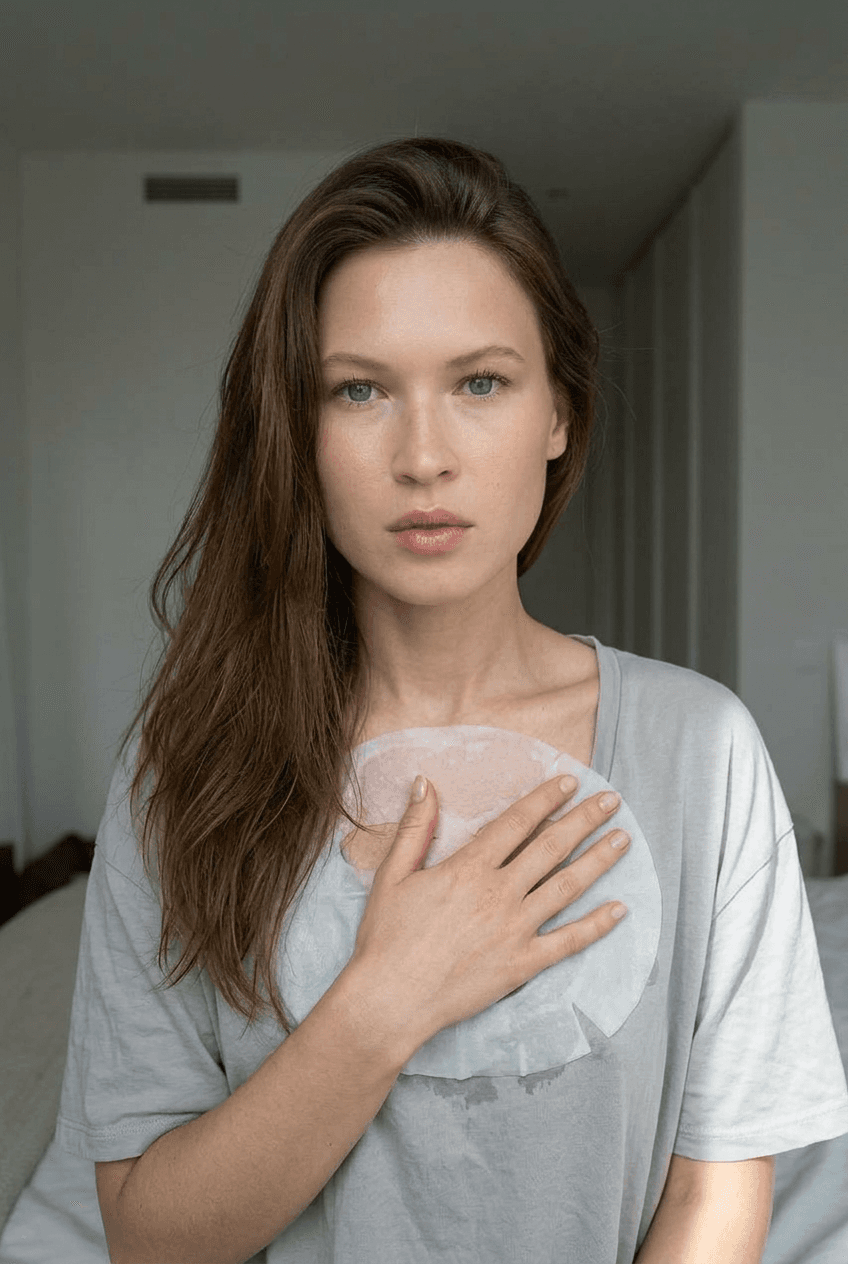 A medium shot captures the person in the uploaded reference image (DO NOT TOUCH FACE). The person's torso is visible from the chest down, with a white glass mask covering their chest. no robe. The right hand is placed on top of the sheet mask. The lighting is soft and warm, The camera is positioned at eye level, with a slightly 24-28mm equivalent lens perspective. The overall tone is intimate and casual.