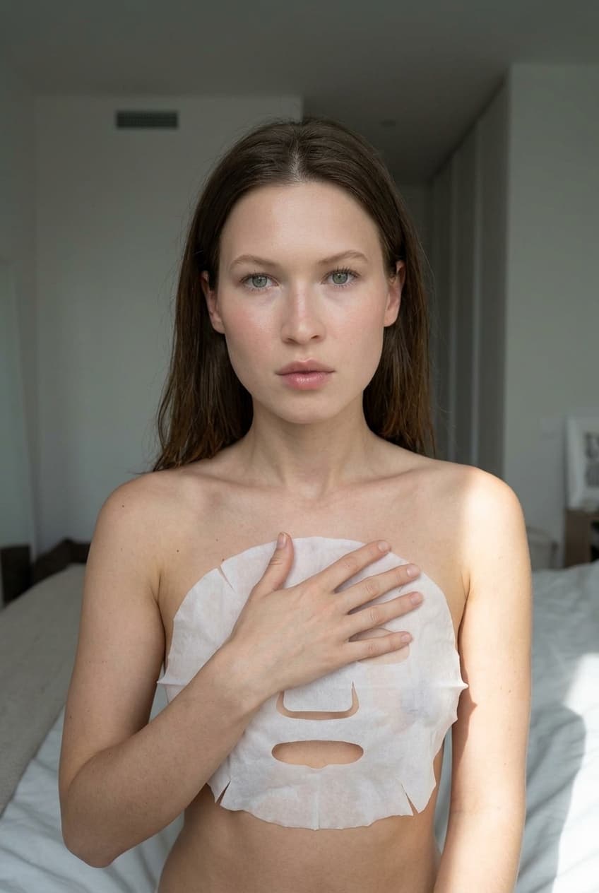A medium shot captures the person in the uploaded reference image (DO NOT TOUCH FACE). The person's torso is visible from the chest down, with a white glass mask covering their chest. no robe. The right hand is placed on top of the sheet mask. The lighting is soft and warm, The camera is positioned at eye level, with a slightly 24-28mm equivalent lens perspective. The overall tone is intimate and casual.