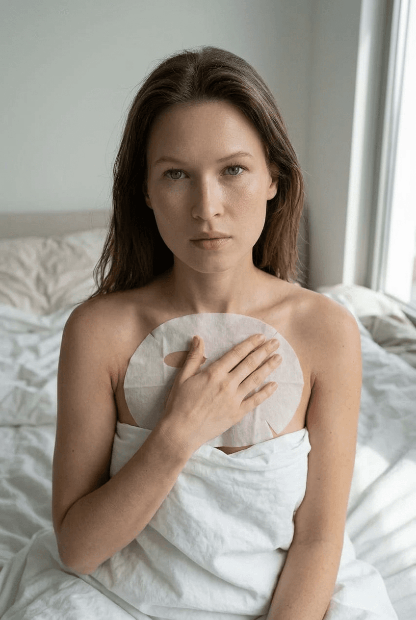 A medium shot captures the person in the uploaded reference image (DO NOT TOUCH FACE). The person's torso is visible from the chest down, with a white sheet mini mask covering their chest. no robe. The right hand is placed on top of the sheet mini mask. The lighting is soft and warm, The camera is positioned at eye level, with a slightly 24-28mm equivalent lens perspective. The overall tone is intimate and casual.