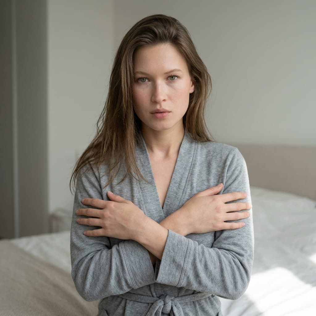A medium shot captures the person in the uploaded reference image (DO NOT TOUCH FACE). The person's torso is visible from the chest down, with a hands covering their chest. robe hide . The lighting is soft and warm, The camera is positioned at eye level, with a slightly 24-28mm equivalent lens perspective. The overall tone is intimate and casual.