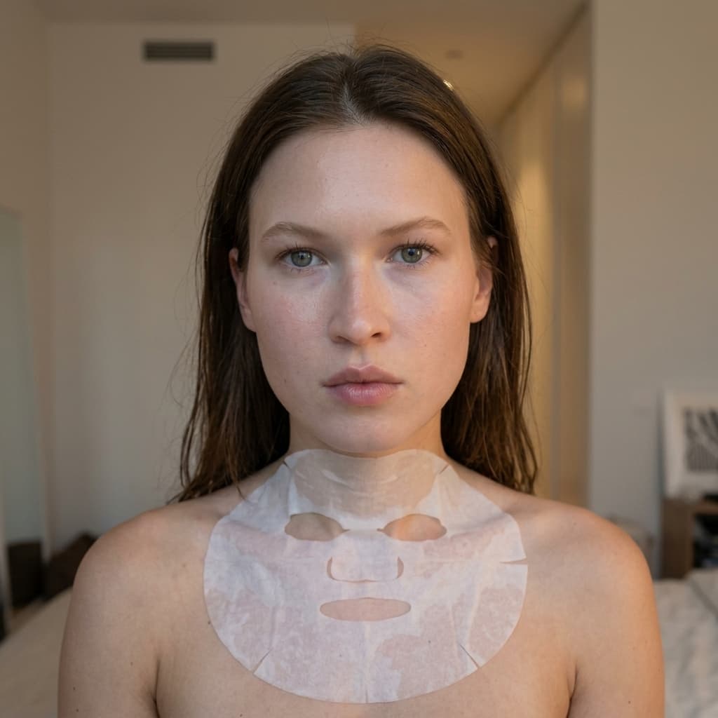 A medium shot captures the person in the uploaded reference image (DO NOT TOUCH FACE). The person's torso is visible from the chest down, with a with a white sheet mask covering their chest. no robe. The lighting is soft and warm, The camera is positioned at eye level, with a slightly 24-28mm equivalent lens perspective. The overall tone is intimate and casual.
