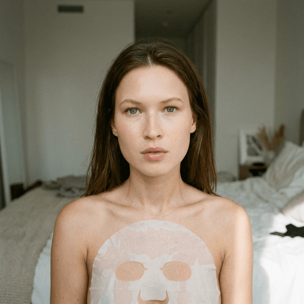 “A medium shot captures the person in the uploaded reference image (DO NOT TOUCH FACE). The person's torso is visible from the chest down, with a with a white sheet mask covering their chest. no robe. The lighting is soft and warm, with a slightly 24-28mm equivalent lens perspective. The overall tone is intimate and casual.”