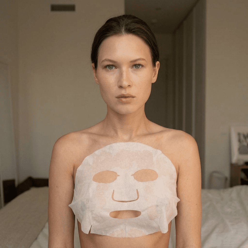 “A medium shot captures the person in the uploaded reference image (DO NOT TOUCH FACE). The person's torso is visible from the chest down, with a with a white sheet small mask covering their chest. no robe. The lighting is soft and warm, with a slightly 24-28mm equivalent lens perspective. The overall tone is intimate and casual.”