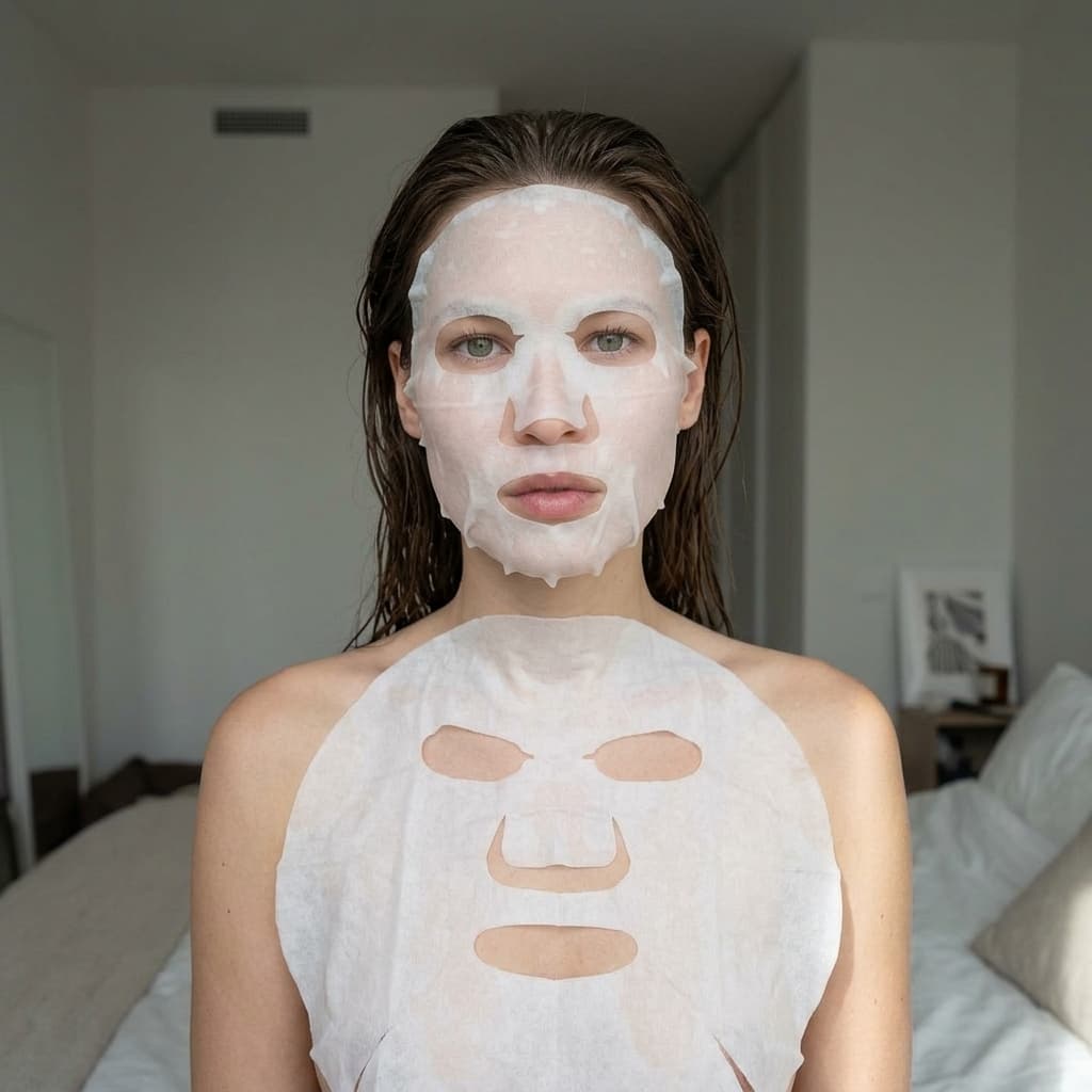 A medium shot captures the person in the uploaded reference image (DO NOT TOUCH FACE). The person's torso is visible from the chest down, with a with a white sheet small mask covering their chest. no robe. The lighting is soft and warm, with a slightly 24-28mm equivalent lens perspective. The overall tone is intimate and casual