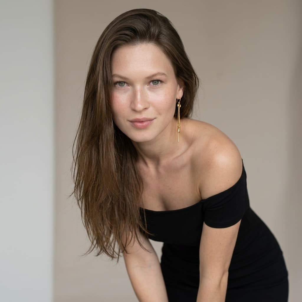 Using the person in the uploaded reference image, recreate this scene: { "style": "ultra-realistic studio portrait", "subject": { "gender": "female", "age": " ", "pose": "leaning slightly forward toward the camera", "expression": "playful, flirty", "facial_details": {"freckles": "natural across fair skin", "makeup": { none } }, "hair": { "color": "", "length": "long", "part": "side-parted", "style": "falling naturally over shoulders" }, "outfit": { "dress": "off-shoulder fitted dress", "jewelry": { "earrings": "long dangling gold earrings" } } }, "environment": { "setting": "studio", "background": "clean minimal light neutral tones" }, "lighting": { "type": "soft diffused studio lighting", "shadows": "smooth natural shadows" }, "camera": { "lens": "50mm", "aperture": "f/1.8", "depth_of_field": "shallow" }, "quality": { "resolution": "high resolution", "detail": "ultra-detailed", "skin_texture": "photorealistic", "focus": "sharp focus", "photography_style": "high fashion lifestyle photography" } }
