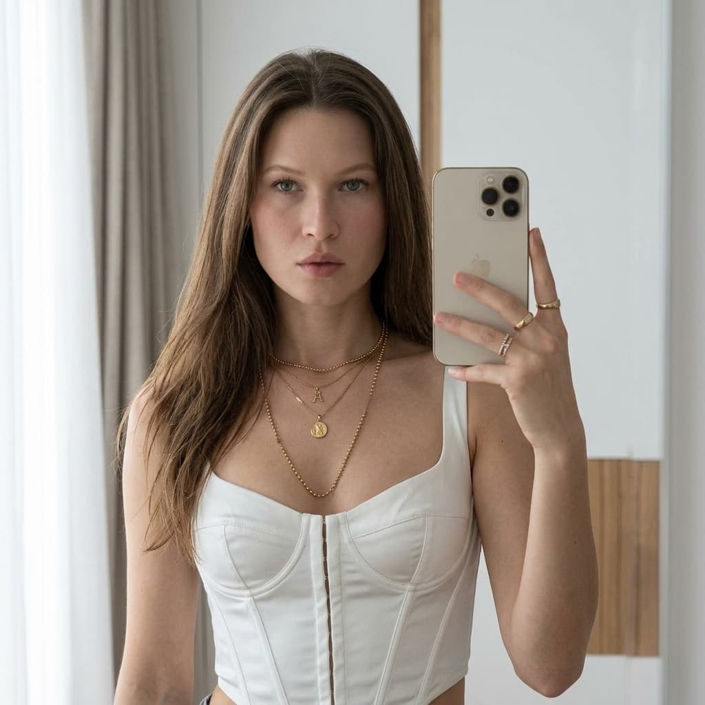 A medium shot captures the person in the uploaded reference image (DO NOT TOUCH FACE) taking a selfie in a mirror. The camera is positioned at eye level, with a camera tilted upward by roughly 5-10 degrees. The subject is wearing a white, structured corset made of satin-like fabric, with visible boning. A delicate gold chain necklace with a circular pendant rests on the décolletage. Another fine chain with a tiny bead is layered above it. A second gold chain with a small charm is visible just above the first. The subject's left hand, adorned with a diamond ring and a delicate bracelet, rests on the corset. Their right hand holds a black smartphone, obscuring part of their face. The subject's hair is pulled back into a messy bun. They are wearing diamond stud earrings and a large, ornate diamond ring on their right hand. The background features a sheer, cream-colored curtain to the left and a blurred reflection of a room with a bed and pillows to the right. The lighting is soft and diffused, creating a warm glow on the skin. The lens exhibits a shallow depth of field, with the background softly blurred.
