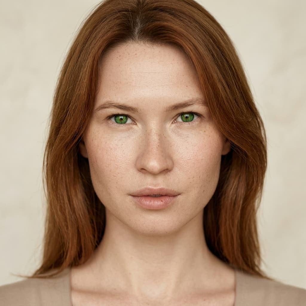 a high-quality portrait of the person in the uploaded reference image (DO NOT TOUCH FACE). смотрит в камеру. зеленые глаза. без лишних эллементов в кадре