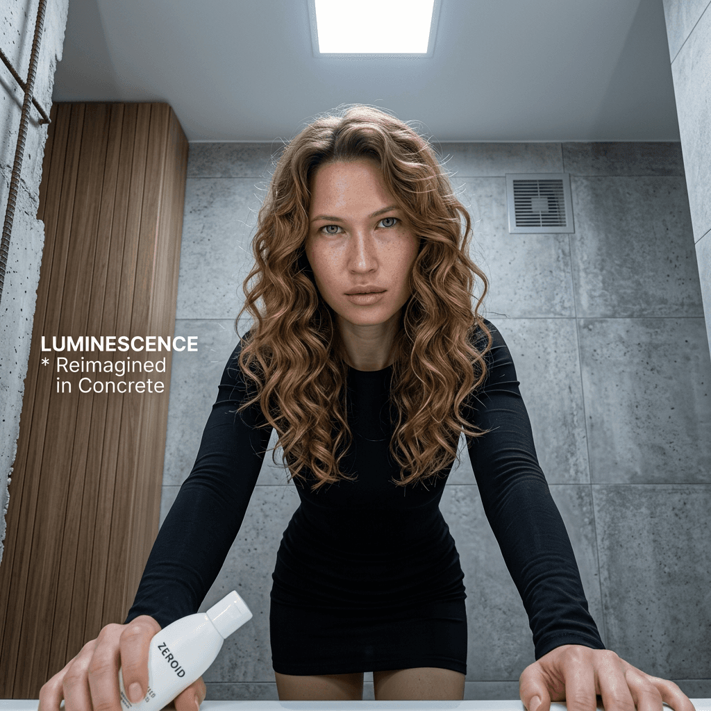 a photograph taken from a low angle, slightly looking up, creating an effect of elongated arms and emphasizing the woman in the uploaded reference image (DO NOT TOUCH FACE) leans forward, resting her hands near the edge of the frame; she wears a tight-fitting mini dress with long sleeves. Her long hair is styled in soft curls cascading over her chest and shoulders, contrasting with the dark clothing. Nude makeup with emphasized cheekbones, long lashes, and lip gloss. Lighting is overhead and cool, from square ceiling fixtures providing soft, even light and highlights on the hair. The background features a wall of large gray concrete-textured tiles with a ventilation grate, and a wooden vertical panel on the left. High-quality macro portrait, high 4k detail, selfie shot on a front-facing camera.
