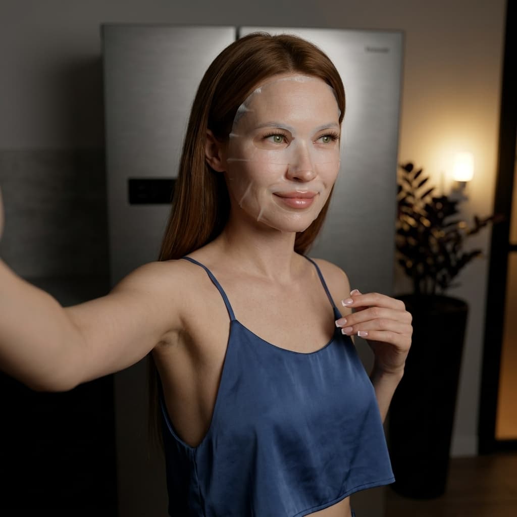 Using the person in the uploaded reference image (DO NOT TOUCH FACE), recreate this scene: Ультрареалистичный селфи-снимок в условиях глубокой ночи. Мягкое, приглушённое освещение, тёплый слабый источник света сбоку (например, от ночника или кухни), создаёт спокойную, интимную атмосферу. Без вспышки. В кадре девушка: очень длинные, прямые волосы, закинуты назад. Кожа естественного, реалистичного оттенка, длинные ресницы, лёгкий блеск на губах. На лице тканевая косметическая маска. Взгляд направлен в сторону, лёгкая, игривая, расслабленная улыбка. Ракурс — слегка сбоку, как будто фото сделано одной рукой. Фон: часть серебристого холодильника, рядом заметен высокий декоративный цветок, слегка в тени. Маникюр аккуратный — френч, квадратная форма. Одежда: свободная синяя укороченная атласная майка на тонких бретелях, с глубокими вырезами в зоне подмышек. Атмосфера спокойная, домашняя, ночная, с мягкими тенями и приглушёнными цветами. Формат 9:16. Photorealistic capture with iPhone 15 Pro style optics, natural skin texture, realistic reflections, balanced exposure, and sharp focus.
