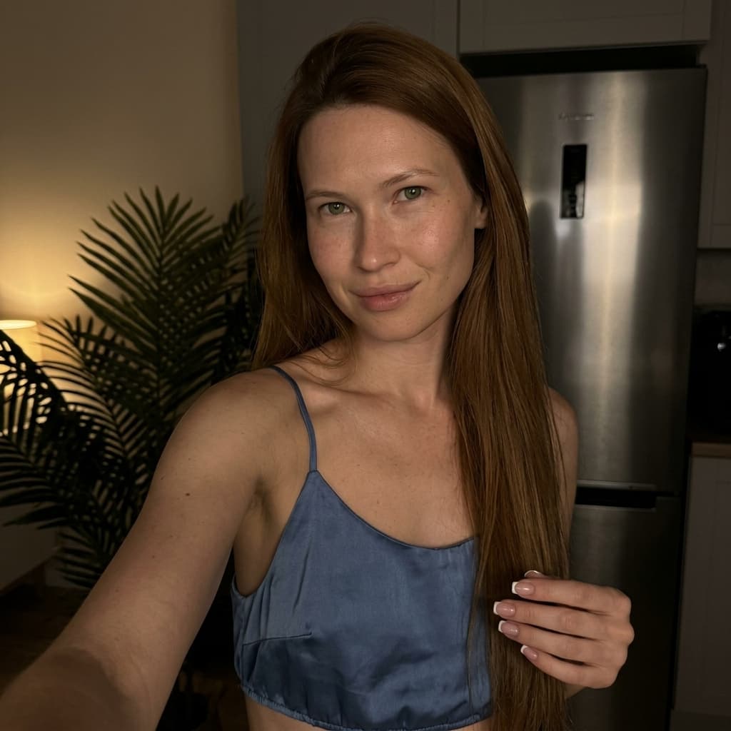 Using the person in the uploaded reference image (DO NOT TOUCH FACE), recreate this scene: Ультрареалистичный селфи-снимок в условиях глубокой ночи. Мягкое, приглушённое освещение, тёплый слабый источник света сбоку (например, от ночника или кухни), создаёт спокойную, интимную атмосферу. Без вспышки. В кадре девушка: очень длинные, прямые волосы, закинуты назад. смотрит в камеру. Кожа естественного, реалистичного оттенка, длинные ресницы, лёгкий блеск на губах. лёгкая, игривая, расслабленная улыбка. Ракурс — слегка сбоку, как будто фото сделано одной рукой. Фон: часть серебристого холодильника, рядом заметен высокий декоративный цветок, слегка в тени. Маникюр аккуратный — френч, квадратная форма. Одежда: свободная синяя укороченная атласная майка на тонких бретелях, с глубокими вырезами в зоне подмышек. Атмосфера спокойная, домашняя, ночная, с мягкими тенями и приглушёнными цветами. Формат 9:16. Photorealistic capture with iPhone 15 Pro style optics, natural skin texture, realistic reflections, balanced exposure, and sharp focus.