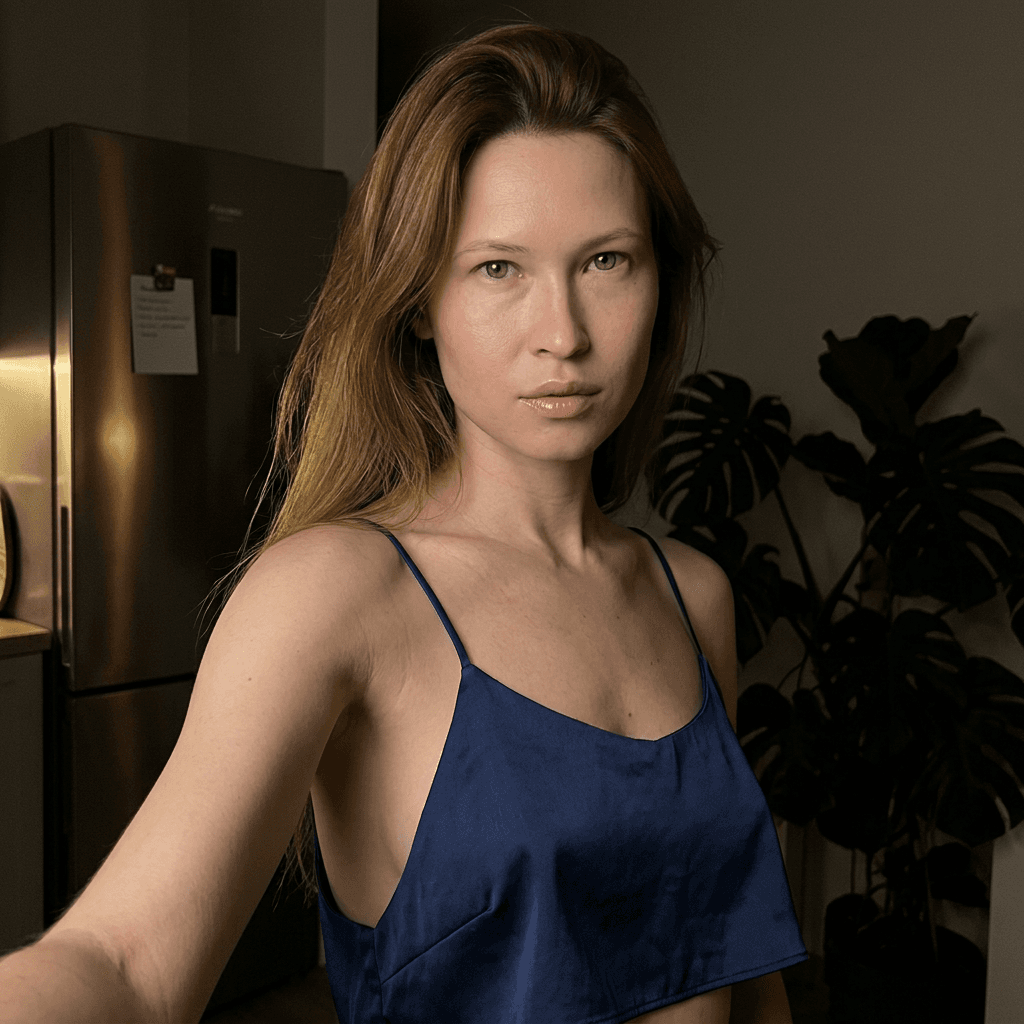 Using the person in the uploaded reference image (DO NOT TOUCH FACE), recreate this scene: Ультрареалистичный селфи-снимок в условиях глубокой ночи. Мягкое, приглушённое освещение, тёплый слабый источник света сбоку (например, от ночника или кухни), создаёт спокойную, интимную атмосферу. Без вспышки. В кадре девушка: очень длинные, прямые волосы, закинуты назад. смотрит в камеру. Кожа естественного, реалистичного оттенка, лёгкий блеск на губах. Ракурс — слегка сбоку, как будто фото сделано одной рукой. Фон: часть серебристого холодильника, рядом заметен высокий декоративный цветок, слегка в тени. Маникюр аккуратный — френч, квадратная форма. Одежда: свободная синяя укороченная атласная майка на тонких бретелях, с глубокими вырезами в зоне подмышек. Атмосфера спокойная, домашняя, ночная, с мягкими тенями и приглушёнными цветами. Формат 9:16. Photorealistic capture with iPhone 15 Pro style optics, natural skin texture, realistic reflections, balanced exposure, and sharp focus.
