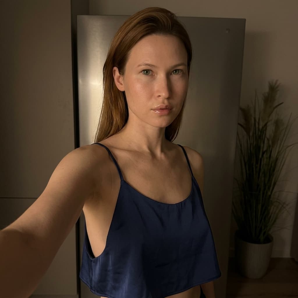 Using the person in the uploaded reference image (DO NOT TOUCH FACE), recreate this scene: Ультрареалистичный селфи-снимок в условиях глубокой ночи. Мягкое, приглушённое освещение, тёплый слабый источник света сбоку (например, от ночника или кухни), создаёт спокойную, интимную атмосферу. Без вспышки. В кадре девушка: прямые волосы чуть ниже плечь, закинуты назад. смотрит в камеру. Молодое лицо. Кожа естественного, реалистичного оттенка, лёгкий блеск на губах. Ракурс — слегка сбоку, как будто фото сделано одной рукой. Фон: часть серебристого холодильника, рядом заметен высокий декоративный цветок, слегка в тени. Одежда: свободная синяя укороченная атласная майка на тонких бретелях, с экстремально глубокими вырезами в зоне подмышек. Атмосфера спокойная, домашняя, ночная, с мягкими тенями и приглушёнными цветами. Формат 9:16. Photorealistic capture with iPhone 15 Pro style optics, natural skin texture, realistic reflections, balanced exposure, and sharp focus.
