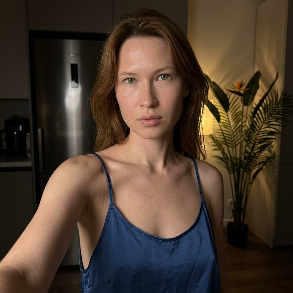 Using the person in the uploaded reference image (DO NOT TOUCH FACE), recreate this scene: Ультрареалистичный селфи-снимок в условиях глубокой ночи. Мягкое, приглушённое освещение, тёплый слабый источник света сбоку (например, от ночника или кухни), создаёт спокойную, интимную атмосферу. Без вспышки. В кадре девушка: прямые волосы чуть ниже плечь, закинуты назад. смотрит в камеру. Молодое лицо. Кожа естественного, реалистичного оттенка, лёгкий блеск на губах. Ракурс — слегка сбоку, как будто фото сделано одной рукой. Фон: часть серебристого холодильника, рядом заметен высокий декоративный цветок, слегка в тени. Одежда: свободная синяя укороченная атласная майка на тонких бретелях, с экстремально глубокими вырезами в зоне подмышек. Атмосфера спокойная, домашняя, ночная, с мягкими тенями и приглушёнными цветами. Формат 9:16. Photorealistic capture with iPhone 15 Pro style optics, natural skin texture, realistic reflections, balanced exposure, and sharp focus.