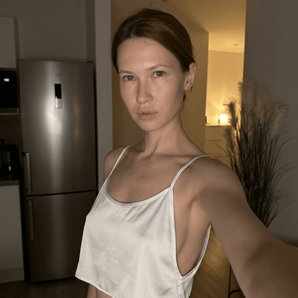 Using the person in the uploaded reference image (DO NOT TOUCH FACE), recreate this scene: Ультрареалистичный селфи-снимок в условиях глубокой ночи. Мягкое, приглушённое освещение, тёплый слабый источник света сбоку (например, от ночника или кухни), создаёт спокойную, интимную атмосферу. Без вспышки. В кадре девушка: прямые волосы чуть ниже плечь, закинуты назад. смотрит в камеру. Молодое лицо. Кожа естественного, реалистичного оттенка, лёгкий блеск на губах. Ракурс — слегка сбоку, как будто фото сделано одной рукой. Фон: часть серебристого холодильника, рядом заметен высокий декоративный цветок, слегка в тени. Одежда: свободная, белая укороченная атласная майка из фотина на тонких бретелях, с экстремально глубокими вырезами в зоне подмышек. Атмосфера спокойная, домашняя, ночная, с мягкими тенями и приглушёнными цветами. Формат 9:16. Photorealistic capture with iPhone 15 Pro style optics, natural skin texture, realistic reflections, balanced exposure, and sharp focus.