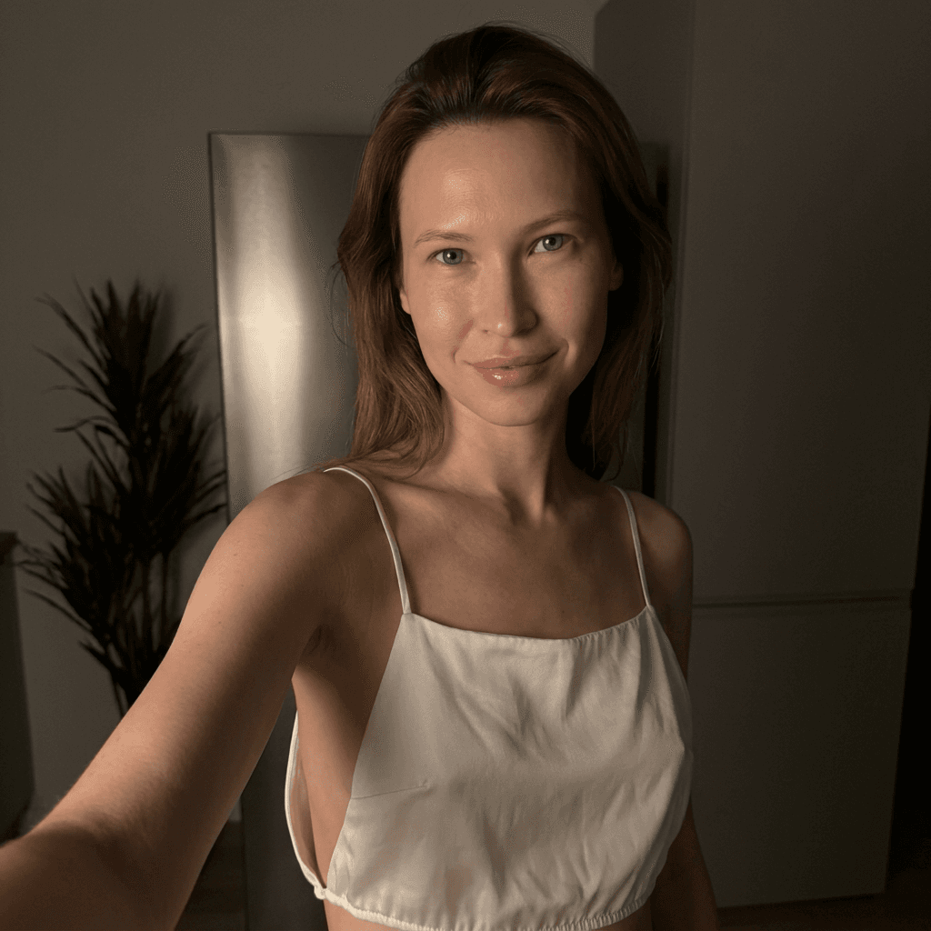 Using the person in the uploaded reference image (DO NOT TOUCH FACE), recreate this scene: Ультрареалистичный селфи-снимок в условиях глубокой ночи. Мягкое, приглушённое освещение, тёплый слабый источник света сбоку (например, от ночника или кухни), создаёт спокойную, интимную атмосферу. Без вспышки. В кадре девушка: прямые волосы чуть ниже плечь, закинуты назад. смотрит в камеру. Молодое лицо. Кожа естественного, реалистичного оттенка, лёгкий блеск на губах. Ракурс — слегка сбоку, как будто фото сделано одной рукой. Фон: часть серебристого холодильника, рядом заметен высокий декоративный цветок, слегка в тени. Одежда: свободная, белая укороченная атласная майка из тончайшей ткани на тонких бретелях, с экстремально глубокими вырезами в зоне подмышек. Атмосфера спокойная, домашняя, ночная, с мягкими тенями и приглушёнными цветами. Формат 9:16. Photorealistic capture with iPhone 15 Pro style optics, natural skin texture, realistic reflections, balanced exposure, and sharp focus.