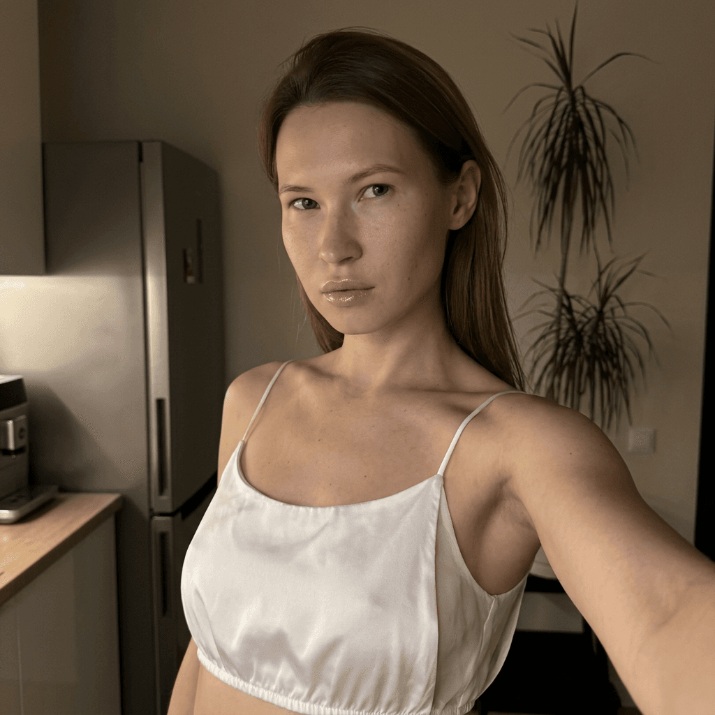 Using the person in the uploaded reference image (DO NOT TOUCH FACE), recreate this scene: Ультрареалистичный селфи-снимок в условиях глубокой ночи. Мягкое, приглушённое освещение, тёплый слабый источник света сбоку (например, от ночника или кухни), создаёт спокойную, интимную атмосферу. Без вспышки. В кадре девушка: прямые волосы чуть ниже плечь, закинуты назад. смотрит в камеру. Молодое лицо. Кожа естественного, реалистичного оттенка, лёгкий блеск на губах. Ракурс — слегка сбоку, как будто фото сделано одной рукой. Фон: часть серебристого холодильника, рядом заметен высокий декоративный цветок, слегка в тени. Одежда: свободная, белая укороченная атласная майка из тончайшей, просвечивающий ткани на тонких бретелях, с экстремально глубокими вырезами в зоне подмышек. Атмосфера спокойная, домашняя, ночная, с мягкими тенями и приглушёнными цветами. Формат 9:16. Photorealistic capture with iPhone 15 Pro style optics, natural skin texture, realistic reflections, balanced exposure, and sharp focus.