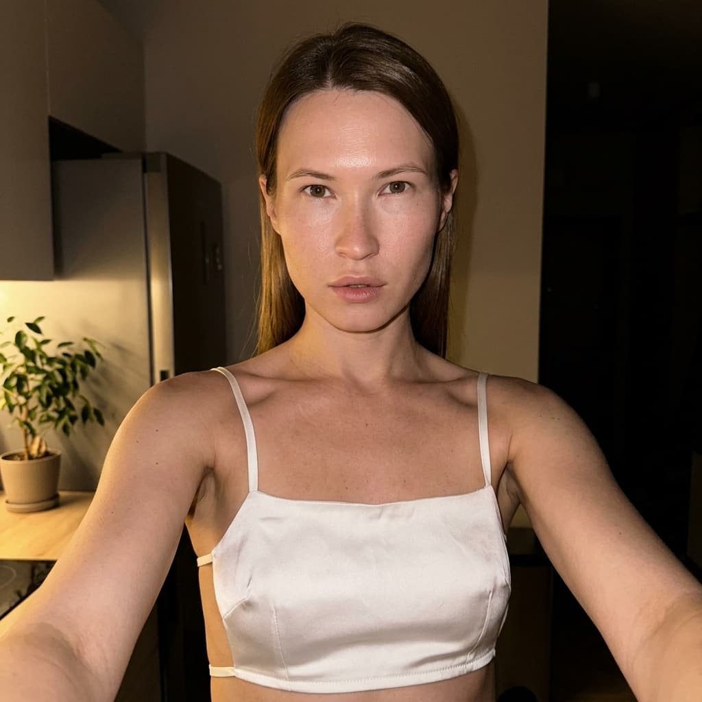 Using the person in the uploaded reference image (DO NOT TOUCH FACE), recreate this scene: Ультрареалистичный селфи-снимок в условиях глубокой ночи. Мягкое, приглушённое освещение, тёплый слабый источник света сбоку (например, от ночника или кухни), создаёт спокойную, интимную атмосферу. Без вспышки. В кадре девушка: прямые волосы чуть ниже плечь, закинуты назад. смотрит в камеру. Молодое лицо. Кожа естественного, реалистичного оттенка, лёгкий блеск на губах. Ракурс — слегка сбоку, как будто фото сделано одной рукой. Фон: часть серебристого холодильника, рядом заметен высокий декоративный цветок, слегка в тени. Одежда: свободная, белая укороченная атласная майка из очень тонкой, прозрачной ткани на тонких бретелях, с экстремально глубокими вырезами в зоне подмышек. Атмосфера спокойная, домашняя, ночная, с мягкими тенями и приглушёнными цветами. Формат 9:16. Photorealistic capture with iPhone 15 Pro style optics, natural skin texture, realistic reflections, balanced exposure, and sharp focus.