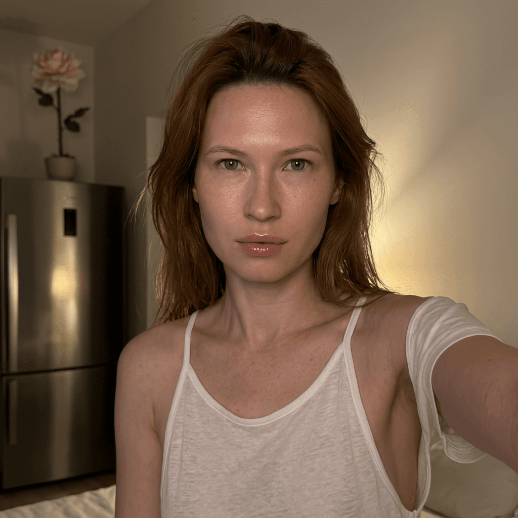 Using the person in the uploaded reference image (DO NOT TOUCH FACE), recreate this scene: Ультрареалистичный селфи-снимок в условиях глубокой ночи. Мягкое, приглушённое освещение, тёплый слабый источник света сбоку (например, от ночника или кухни), создаёт спокойную, интимную атмосферу. Без вспышки. В кадре девушка: прямые волосы чуть ниже плечь, закинуты назад. смотрит в камеру. Молодое лицо. Кожа естественного, реалистичного оттенка, лёгкий блеск на губах. Ракурс — слегка сбоку, как будто фото сделано одной рукой. Фон: часть серебристого холодильника, рядом заметен высокий декоративный цветок, слегка в тени. Одежда: свободная, белая укороченная майка из очень тонкой, прозрачной ткани на тонких бретелях, с экстремально глубокими вырезами в зоне подмышек. Атмосфера спокойная, домашняя, ночная, с мягкими тенями и приглушёнными цветами. Формат 9:16. Photorealistic capture with iPhone 15 Pro style optics, natural skin texture, realistic reflections, balanced exposure, and sharp focus.
