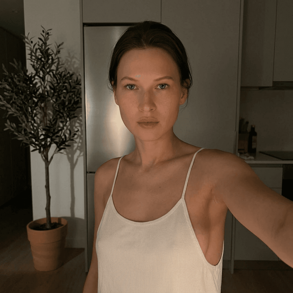 Using the person in the uploaded reference image (DO NOT TOUCH FACE), recreate this scene: Ультрареалистичный селфи-снимок в условиях глубокой ночи. Мягкое, приглушённое освещение, тёплый слабый источник света сбоку (например, от ночника или кухни), создаёт спокойную, интимную атмосферу. Без вспышки. В кадре девушка: прямые волосы чуть ниже плечь, закинуты назад. смотрит в камеру. Молодое лицо. Кожа естественного, реалистичного оттенка, лёгкий блеск на губах. Ракурс — слегка сбоку, как будто фото сделано одной рукой. Фон: часть серебристого холодильника, рядом заметен высокий декоративный цветок, слегка в тени. Одежда: свободная, белая укороченная майка из очень тонкой, прозрачной ткани на тонких бретелях, с экстремально глубокими вырезами в зоне подмышек. Атмосфера спокойная, домашняя, ночная, с мягкими тенями и приглушёнными цветами. Формат 9:16. Photorealistic capture with iPhone 15 Pro style optics, natural skin texture, realistic reflections, balanced exposure, and sharp focus.