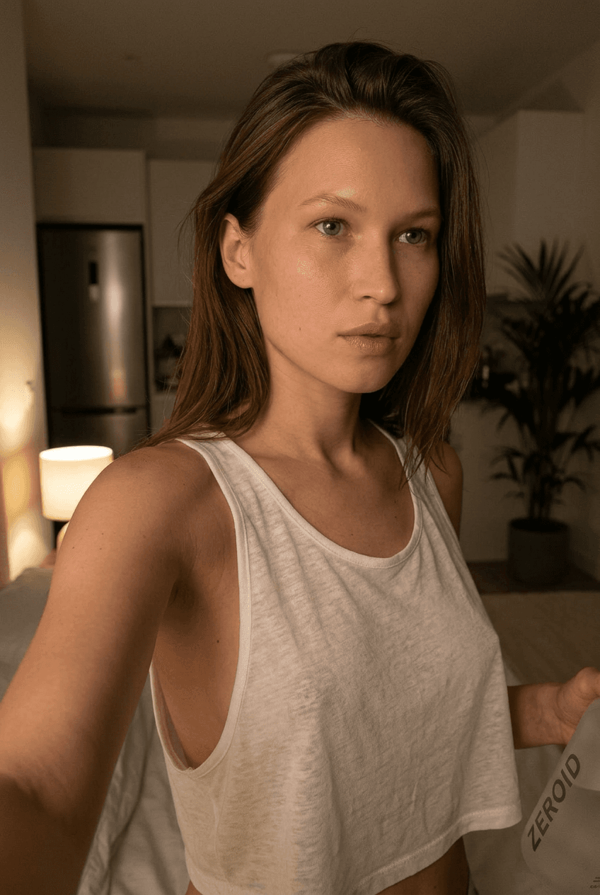 Using the person in the uploaded reference image (DO NOT TOUCH FACE), recreate this scene: Ультрареалистичный селфи-снимок в условиях глубокой ночи. Мягкое, приглушённое освещение, тёплый слабый источник света сбоку (например, от ночника или кухни), создаёт спокойную, интимную атмосферу. Без вспышки. В кадре девушка: прямые волосы чуть ниже плечь, закинуты назад. смотрит в камеру. Молодое лицо. Кожа естественного, реалистичного оттенка, лёгкий блеск на губах. Ракурс — слегка сбоку, как будто фото сделано одной рукой. Фон: часть серебристого холодильника, рядом заметен высокий декоративный цветок, слегка в тени. Одежда: свободная, укороченная майка из очень тонкой, бело-прозрачной ткани на тонких бретелях, с экстремально глубокими вырезами в зоне подмышек. Атмосфера спокойная, домашняя, ночная, с мягкими тенями и приглушёнными цветами. Формат 9:16. Photorealistic capture with iPhone 15 Pro style optics, natural skin texture, realistic reflections, balanced exposure, and sharp focus.