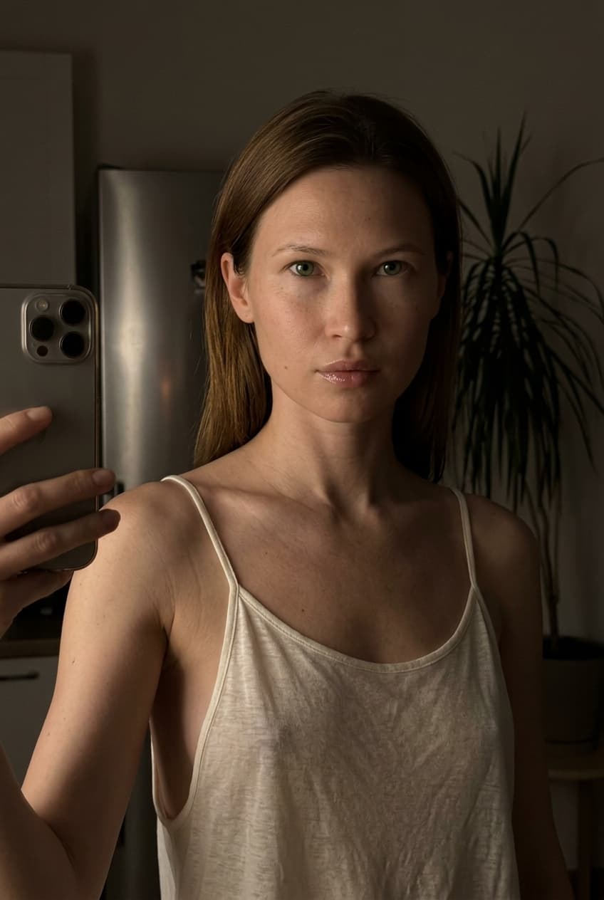 Using the person in the uploaded reference image (DO NOT TOUCH FACE), recreate this scene: Ультрареалистичный селфи-снимок в условиях глубокой ночи. Мягкое, приглушённое освещение, тёплый слабый источник света сбоку (например, от ночника или кухни), создаёт спокойную, интимную атмосферу. Без вспышки. В кадре девушка: прямые волосы чуть ниже плечь, закинуты назад. смотрит в камеру. Молодое лицо. Кожа естественного, реалистичного оттенка, лёгкий блеск на губах. Ракурс — слегка сбоку, как будто фото сделано одной рукой. Фон: часть серебристого холодильника, рядом заметен высокий декоративный цветок, слегка в тени. Одежда: свободная, укороченная по грудь майка из очень тонкой, бело-прозрачной ткани на тонких бретелях, с экстремально глубокими вырезами в зоне подмышек. Атмосфера спокойная, домашняя, ночная, с мягкими тенями и приглушёнными цветами. Формат 9:16. Photorealistic capture with iPhone 15 Pro style optics, natural skin texture, realistic reflections, balanced exposure, and sharp focus.