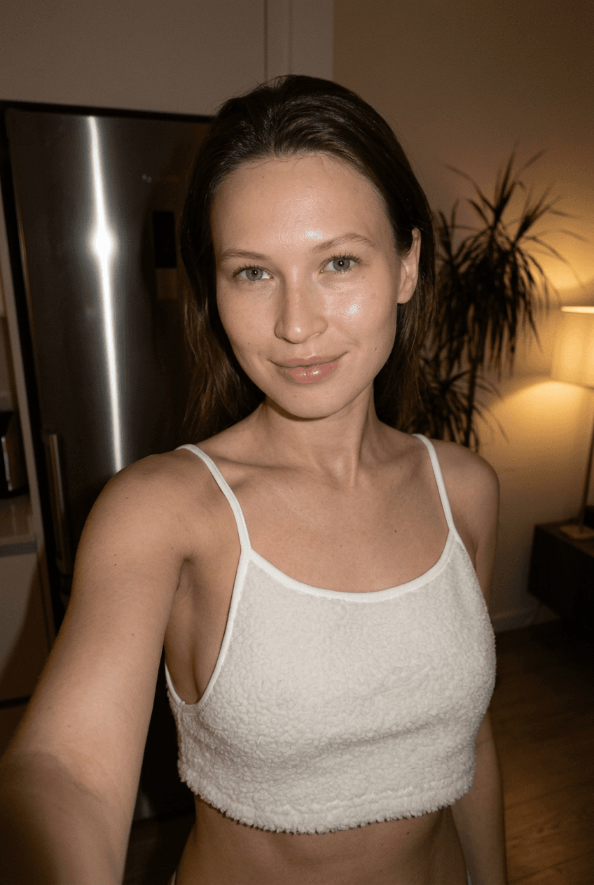 Using the person in the uploaded reference image (DO NOT TOUCH FACE), recreate this scene: Ультрареалистичный селфи-снимок в условиях глубокой ночи. Мягкое, приглушённое освещение, тёплый слабый источник света сбоку (например, от ночника или кухни), создаёт спокойную, интимную атмосферу. Без вспышки. В кадре девушка: прямые волосы чуть ниже плечь, закинуты назад. смотрит в камеру. Молодое лицо. Кожа естественного, реалистичного оттенка, лёгкий блеск на губах. Ракурс — слегка сбоку, как будто фото сделано одной рукой. Фон: часть серебристого холодильника, рядом заметен высокий декоративный цветок, слегка в тени. Одежда: свободная, сильно укороченная майка из очень тонкой, едва различимой, бело-прозрачной ткани на тонких бретелях, с экстремально глубокими вырезами в зоне подмышек. Атмосфера спокойная, домашняя, ночная, с мягкими тенями и приглушёнными цветами. Формат 9:16. Photorealistic capture with iPhone 15 Pro style optics, natural skin texture, realistic reflections, balanced exposure, and sharp focus.