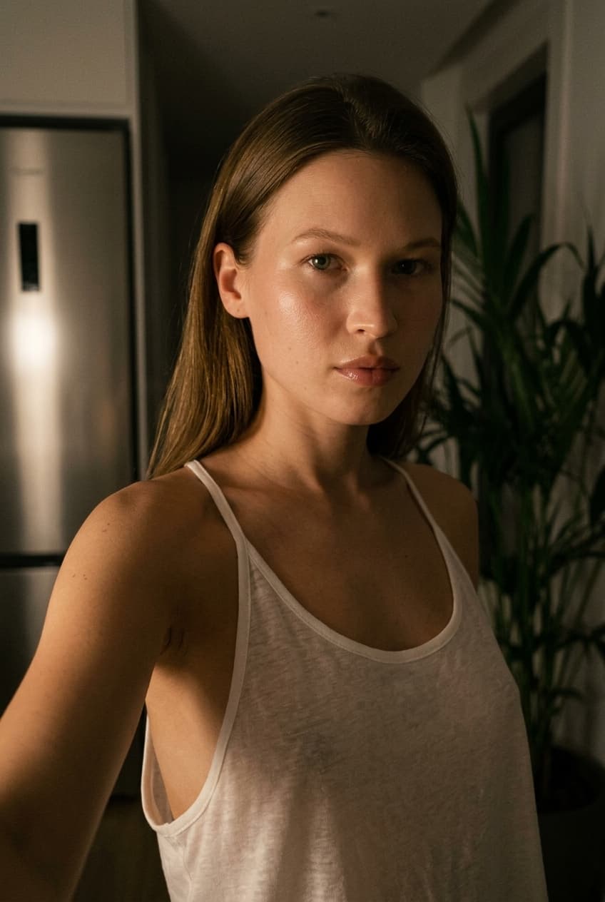 Using the person in the uploaded reference image (DO NOT TOUCH FACE), recreate this scene: Ультрареалистичный селфи-снимок в условиях глубокой ночи. Мягкое, приглушённое освещение, тёплый слабый источник света сбоку (например, от ночника или кухни), создаёт спокойную, интимную атмосферу. Без вспышки. В кадре девушка: прямые волосы чуть ниже плечь, закинуты назад. смотрит в камеру. Молодое лицо. Кожа естественного, реалистичного оттенка, лёгкий блеск на губах. Ракурс — слегка сбоку, как будто фото сделано одной рукой. Фон: часть серебристого холодильника, рядом заметен высокий декоративный цветок, слегка в тени. Одежда: свободная, сильно укороченная майка из сверх тонкой 1 микрон ткани, почти невидимой бело-прозрачной ткани на тонких бретелях, с экстремально глубокими вырезами в зоне подмышек. Атмосфера спокойная, домашняя, ночная, с мягкими тенями и приглушёнными цветами. Формат 9:16. Photorealistic capture with iPhone 15 Pro style optics, natural skin texture, realistic reflections, balanced exposure, and sharp focus.