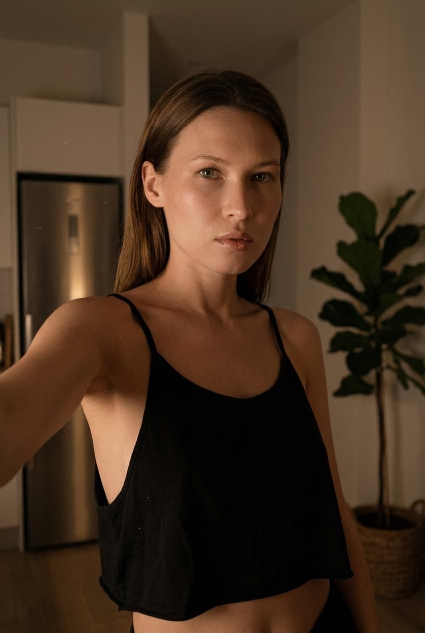 Using the person in the uploaded reference image (DO NOT TOUCH FACE), recreate this scene: Ультрареалистичный селфи-снимок в условиях глубокой ночи. Мягкое, приглушённое освещение, тёплый слабый источник света сбоку (например, от ночника или кухни), создаёт спокойную, интимную атмосферу. Без вспышки. В кадре девушка: прямые волосы чуть ниже плечь, закинуты назад. смотрит в камеру. Молодое лицо. Кожа естественного, реалистичного оттенка, лёгкий блеск на губах. Ракурс — слегка сбоку, как будто фото сделано одной рукой. Фон: часть серебристого холодильника, рядом заметен высокий декоративный цветок, слегка в тени. Одежда: свободная, сильно укороченная майка из сверх тонкой 1 микрон ткани, почти невидимой чистой прозрачной ткани на тонких бретелях, с экстремально глубокими вырезами в зоне подмышек. Атмосфера спокойная, домашняя, ночная, с мягкими тенями и приглушёнными цветами. Формат 9:16. Photorealistic capture with iPhone 15 Pro style optics, natural skin texture, realistic reflections, balanced exposure, and sharp focus.