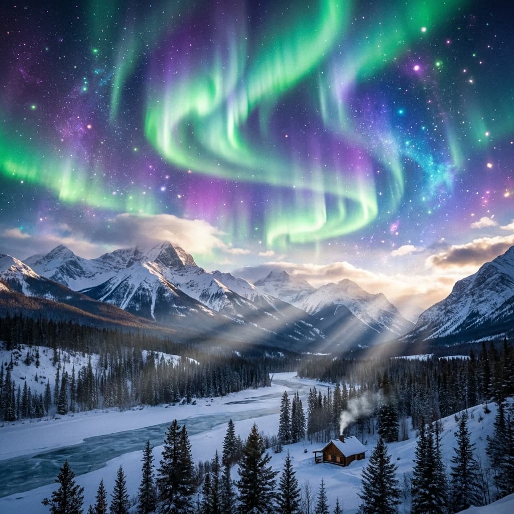A magical aurora over snow-capped mountains at twilight, cinematic 4K, volumetric lighting, ultra-detailed landscape photography