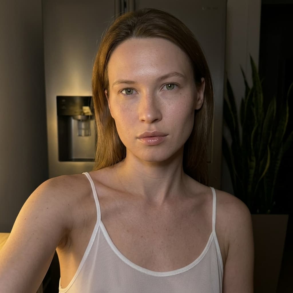 Using the person in the uploaded reference image (DO NOT TOUCH FACE), recreate this scene: Ультрареалистичный селфи-снимок в условиях глубокой ночи. Мягкое, приглушённое освещение, тёплый слабый источник света сбоку (например, от ночника или кухни), создаёт спокойную, интимную атмосферу. Без вспышки. В кадре девушка: прямые волосы чуть ниже плечь, закинуты назад. смотрит в камеру. Молодое лицо. Кожа естественного, реалистичного оттенка, лёгкий блеск на губах. Ракурс — слегка сбоку, как будто фото сделано одной рукой. Фон: часть серебристого холодильника, рядом заметен высокий декоративный цветок, слегка в тени. Одежда: свободная, сильно укороченная майка из сверх тонкой, как пленка бело-прозрачной ткани на тонких бретелях, с экстремально глубокими вырезами в зоне подмышек. Атмосфера спокойная, домашняя, ночная, с мягкими тенями и приглушёнными цветами. Формат 9:16. Photorealistic capture with iPhone 15 Pro style optics, natural skin texture, realistic reflections, balanced exposure, and sharp focus.