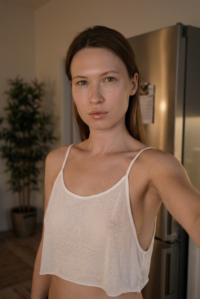 Using the person in the uploaded reference image (DO NOT TOUCH FACE), recreate this scene: Ультрареалистичный селфи-снимок. Мягкое, приглушённое освещение, тёплый слабый источник света создаёт спокойную, интимную атмосферу. Без вспышки. В кадре девушка: прямые волосы чуть ниже плечь, закинуты назад. смотрит в камеру. Молодое лицо. Кожа естественного, реалистичного оттенка, лёгкий блеск на губах. Ракурс — слегка сбоку, как будто фото сделано одной рукой. Фон: часть серебристого холодильника, рядом заметен высокий декоративный цветок, слегка в тени. Одежда: свободная, сильно укороченная майка из сверх тонкой, как пленка бело-прозрачной ткани на тонких бретелях, с экстремально глубокими вырезами в зоне подмышек. Атмосфера спокойная, домашняя. Photorealistic capture with iPhone 15 Pro style optics, natural skin texture, realistic reflections, balanced exposure, and sharp focus.
