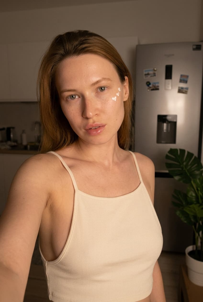 Using the person in the uploaded reference image (DO NOT TOUCH FACE), recreate this scene: Ультрареалистичный селфи-снимок. Мягкое, приглушённое освещение, тёплый слабый источник света создаёт спокойную, интимную атмосферу. Без вспышки. В кадре девушка: прямые волосы чуть ниже плечь, закинуты назад. смотрит в камеру. Молодое лицо. Кожа естественного, реалистичного оттенка, лёгкий блеск на губах. Ракурс — слегка сбоку, как будто фото сделано одной рукой. Фон: часть серебристого холодильника, рядом заметен высокий декоративный цветок, слегка в тени. Одежда: свободная, сильно укороченная майка из сверх тонкой, прозрачной капроновой ткани на тонких бретелях, с экстремально глубокими вырезами в зоне подмышек. Атмосфера спокойная, домашняя. Photorealistic capture with iPhone 15 Pro style optics, natural skin texture, realistic reflections, balanced exposure, and sharp focus.