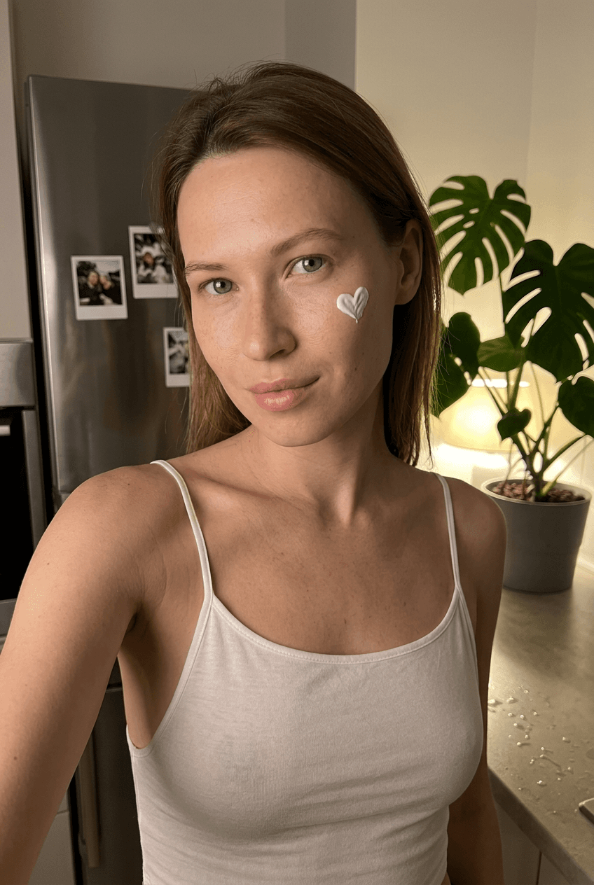 Using the person in the uploaded reference image (DO NOT TOUCH FACE), recreate this scene: Ультрареалистичный селфи-снимок. Мягкое, приглушённое освещение, тёплый слабый источник света создаёт спокойную, интимную атмосферу. Без вспышки. В кадре девушка: прямые волосы чуть ниже плечь, закинуты назад. смотрит в камеру. Молодое лицо. Кожа естественного, реалистичного оттенка, лёгкий блеск на губах. Ракурс — слегка сбоку, как будто фото сделано одной рукой. Фон: часть серебристого холодильника, рядом заметен высокий декоративный цветок, слегка в тени. Одежда: свободная, сильно укороченная майка из сверх тонкой, бело-прозрачной как чулки ткани на тонких бретелях, с экстремально глубокими вырезами в зоне подмышек. Атмосфера спокойная, домашняя. Photorealistic capture with iPhone 15 Pro style optics, natural skin texture, realistic reflections, balanced exposure, and sharp focus.