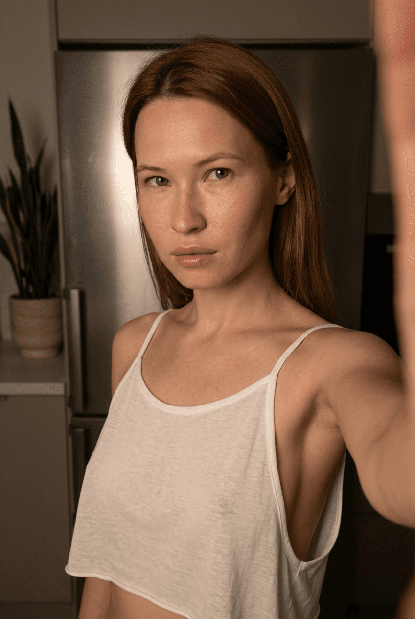 Using the person in the uploaded reference image (DO NOT TOUCH FACE), recreate this scene: Ультрареалистичный селфи-снимок. Мягкое, приглушённое освещение, тёплый слабый источник света создаёт спокойную, интимную атмосферу. Без вспышки. В кадре девушка: прямые волосы чуть ниже плечь, закинуты назад. смотрит в камеру. Молодое лицо. Кожа естественного, реалистичного оттенка, лёгкий блеск на губах. Ракурс — слегка сбоку, как будто фото сделано одной рукой. Фон: часть серебристого холодильника, рядом заметен высокий декоративный цветок, слегка в тени. Одежда: свободная, сильно укороченная майка из сверх тонкой, бело-прозрачной как чулки ткани на тонких бретелях, с экстремально глубокими вырезами в зоне подмышек. Атмосфера спокойная, домашняя. Photorealistic capture with iPhone 15 Pro style optics, natural skin texture, realistic reflections, balanced exposure, and sharp focus.