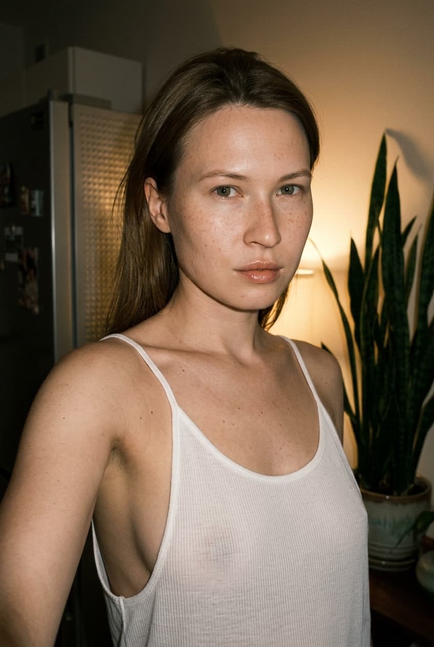 “Using the person in the uploaded reference image (DO NOT TOUCH FACE), recreate this scene: Ультрареалистичный селфи-снимок. Мягкое, приглушённое освещение, тёплый слабый источник света создаёт спокойную, интимную атмосферу. Без вспышки. В кадре девушка: прямые волосы чуть ниже плечь, закинуты назад. смотрит в камеру. Молодое лицо. Кожа естественного, реалистичного оттенка, лёгкий блеск на губах. Ракурс — слегка сбоку, как будто фото сделано одной рукой. Фон: часть серебристого холодильника, рядом заметен высокий декоративный цветок, слегка в тени. Одежда: свободная, сильно укороченная майка из сверх тонкой, бело-прозрачной как чулки ткани на тонких бретелях, с экстремально глубокими вырезами в зоне подмышек. Атмосфера спокойная, домашняя. Photorealistic capture with iPhone 15 Pro style optics, natural skin texture, realistic reflections, balanced exposure, and sharp focus.”