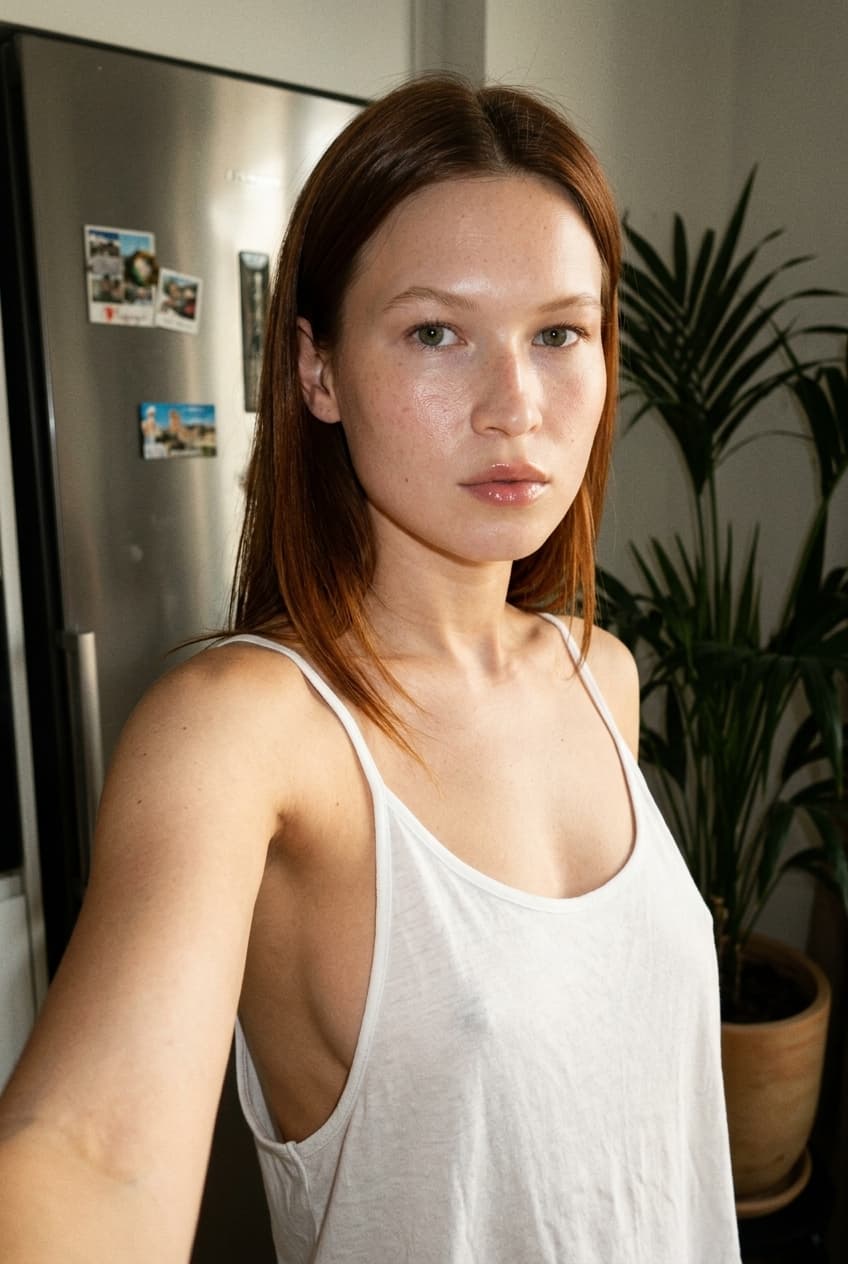 “Using the person in the uploaded reference image (DO NOT TOUCH FACE), recreate this scene: Ультрареалистичный селфи-снимок. Мягкое, приглушённое освещение, тёплый слабый источник света создаёт спокойную, интимную атмосферу. Без вспышки. В кадре девушка: прямые волосы чуть ниже плечь, закинуты назад. смотрит в камеру. Молодое лицо. Кожа естественного, реалистичного оттенка, лёгкий блеск на губах. Ракурс — слегка сбоку, как будто фото сделано одной рукой. Фон: часть серебристого холодильника, рядом заметен высокий декоративный цветок, слегка в тени. Одежда: свободная, сильно укороченная майка из сверх тонкой, бело-прозрачной как чулки ткани на тонких бретелях, с экстремально глубокими вырезами в зоне подмышек. Атмосфера спокойная, домашняя. Photorealistic capture with iPhone 15 Pro style optics, natural skin texture, realistic reflections, balanced exposure, and sharp focus.”