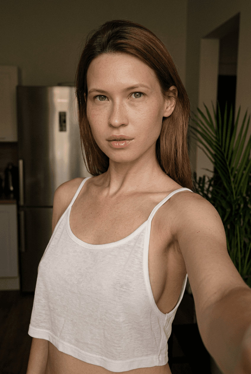 “Using the person in the uploaded reference image (DO NOT TOUCH FACE), recreate this scene: Ультрареалистичный селфи-снимок. Мягкое, приглушённое освещение, тёплый слабый источник света создаёт спокойную, интимную атмосферу. Без вспышки. В кадре девушка: прямые волосы чуть ниже плечь, закинуты назад. смотрит в камеру. Молодое лицо. Кожа естественного, реалистичного оттенка, лёгкий блеск на губах. Ракурс — слегка сбоку, как будто фото сделано одной рукой. Фон: часть серебристого холодильника, рядом заметен высокий декоративный цветок, слегка в тени. Одежда: свободная, сильно укороченная майка из сверх тонкой, бело-прозрачной как чулки ткани на тонких бретелях, с экстремально глубокими вырезами в зоне подмышек. Атмосфера спокойная, домашняя. Photorealistic capture with iPhone 15 Pro style optics, natural skin texture, realistic reflections, balanced exposure, and sharp focus.”