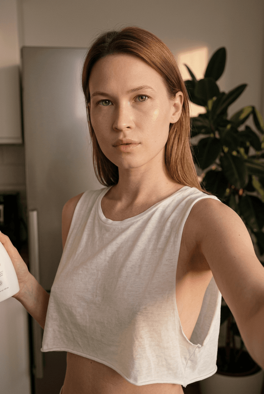 “Using the person in the uploaded reference image (DO NOT TOUCH FACE), recreate this scene: Ультрареалистичный селфи-снимок. Мягкое, приглушённое освещение, тёплый слабый источник света создаёт спокойную, интимную атмосферу. Без вспышки. В кадре девушка: прямые волосы чуть ниже плечь, закинуты назад. смотрит в камеру. Молодое лицо. Кожа естественного, реалистичного оттенка, лёгкий блеск на губах. Ракурс — слегка сбоку, как будто фото сделано одной рукой. Фон: часть серебристого холодильника, рядом заметен высокий декоративный цветок, слегка в тени. Одежда: свободная, сильно укороченная майка из сверх тонкой, бело-прозрачной как чулки ткани на тонких бретелях, с экстремально глубокими вырезами в зоне подмышек. Атмосфера спокойная, домашняя. Photorealistic capture with iPhone 15 Pro style optics, natural skin texture, realistic reflections, balanced exposure, and sharp focus.”