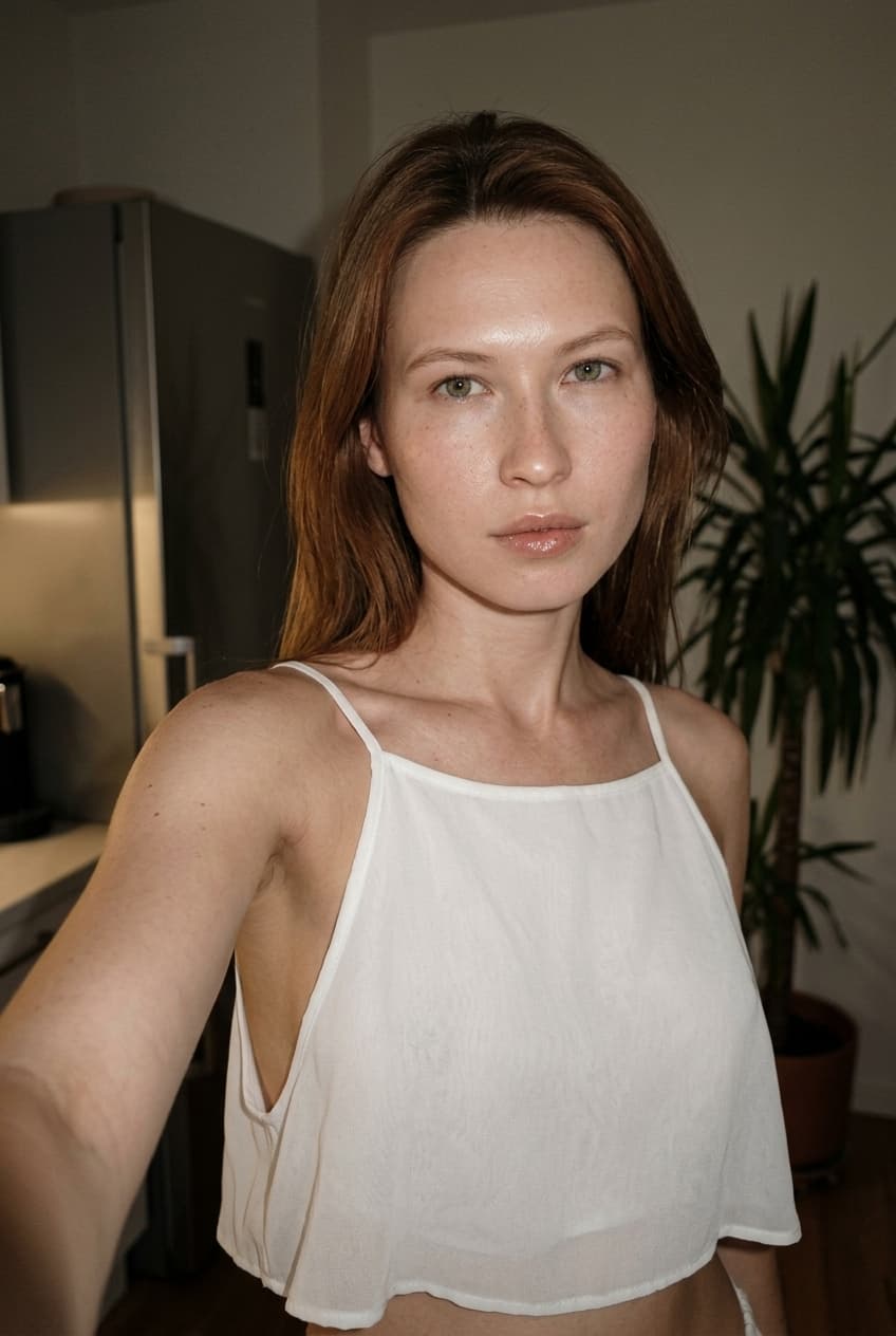 “Using the person in the uploaded reference image (DO NOT TOUCH FACE), recreate this scene: Ультрареалистичный селфи-снимок. Мягкое, приглушённое освещение, тёплый слабый источник света создаёт спокойную, интимную атмосферу. Без вспышки. В кадре девушка: прямые волосы чуть ниже плечь, закинуты назад. смотрит в камеру. Молодое лицо. Кожа естественного, реалистичного оттенка, лёгкий блеск на губах. Ракурс — слегка сбоку, как будто фото сделано одной рукой. Фон: часть серебристого холодильника, рядом заметен высокий декоративный цветок, слегка в тени. Одежда: свободная, сильно укороченная майка из сверх тонкой, бело-прозрачной как чулки ткани на тонких бретелях, с экстремально глубокими вырезами в зоне подмышек. Атмосфера спокойная, домашняя. Photorealistic capture with iPhone 15 Pro style optics, natural skin texture, realistic reflections, balanced exposure, and sharp focus.”