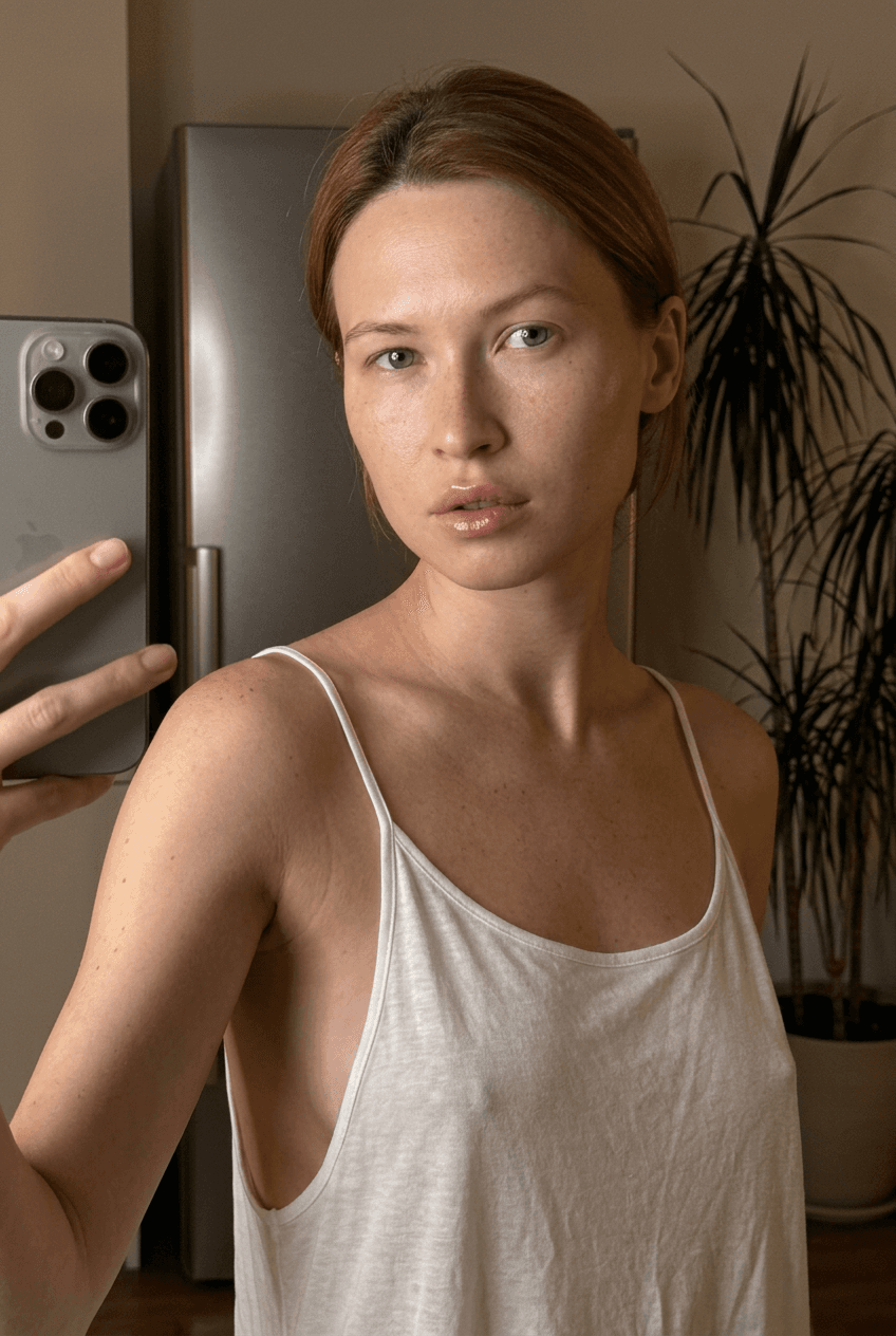 “Using the person in the uploaded reference image (DO NOT TOUCH FACE), recreate this scene: Ультрареалистичный селфи-снимок. Мягкое, приглушённое освещение, тёплый слабый источник света создаёт спокойную, интимную атмосферу. Без вспышки. В кадре девушка: прямые волосы чуть ниже плечь, закинуты назад. смотрит в камеру. Молодое лицо. Кожа естественного, реалистичного оттенка, лёгкий блеск на губах. Ракурс — слегка сбоку, как будто фото сделано одной рукой. Фон: часть серебристого холодильника, рядом заметен высокий декоративный цветок, слегка в тени. Одежда: свободная, сильно укороченная майка из сверх тонкой, бело-прозрачной как чулки ткани на тонких бретелях, с экстремально глубокими вырезами в зоне подмышек. Атмосфера спокойная, домашняя. Photorealistic capture with iPhone 15 Pro style optics, natural skin texture, realistic reflections, balanced exposure, and sharp focus.”