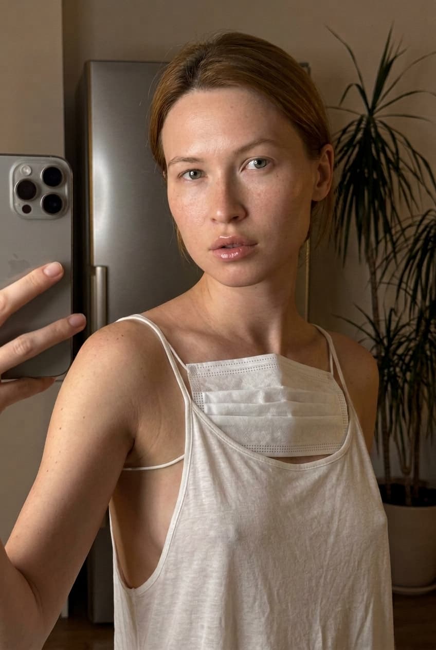 A medium shot captures the person in the uploaded reference image (DO NOT TOUCH FACE). The person's torso is visible from the chest down, with a with a white sheet small mask covering their chest. The lighting is soft and warm, with a slightly 24-28mm equivalent lens perspective. The overall tone is intimate and casual