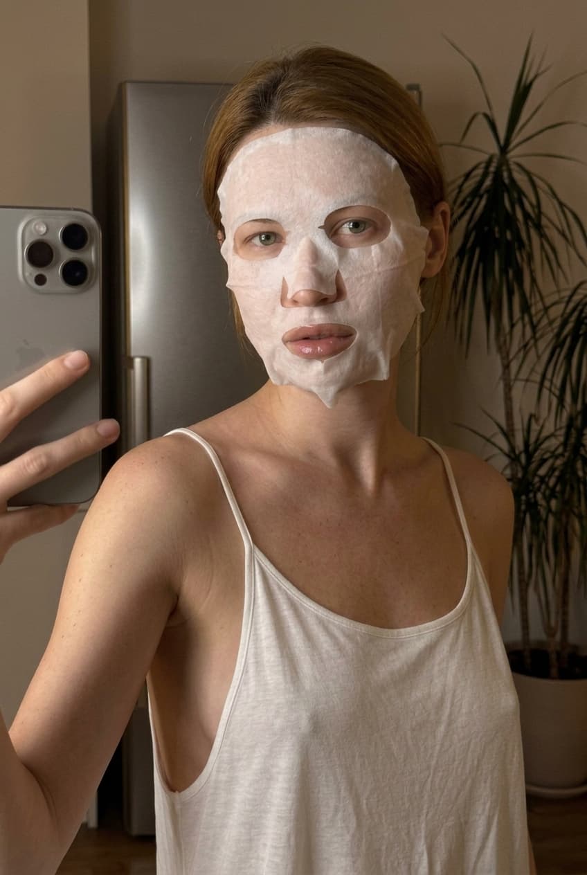 A medium shot captures the person in the uploaded reference image (DO NOT TOUCH FACE). The person's torso is visible from the chest down, with a with a white sheet small mask covering their chest. no tank top. The lighting is soft and warm, with a slightly 24-28mm equivalent lens perspective. The overall tone is intimate and casual
